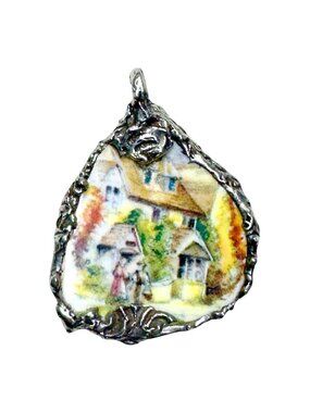 Royal Stuart Cottage Scene Broken China Encased in Silver Blend Bezel w/ Leather